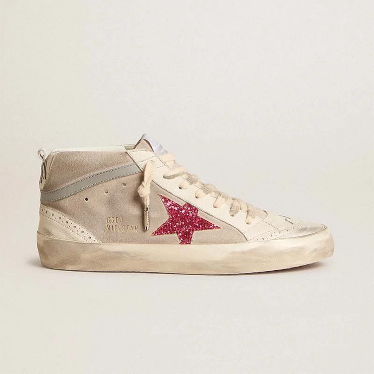 Golden Goose Mid Star de ante con estrella de purpurina fucsia y coma de cuero gris