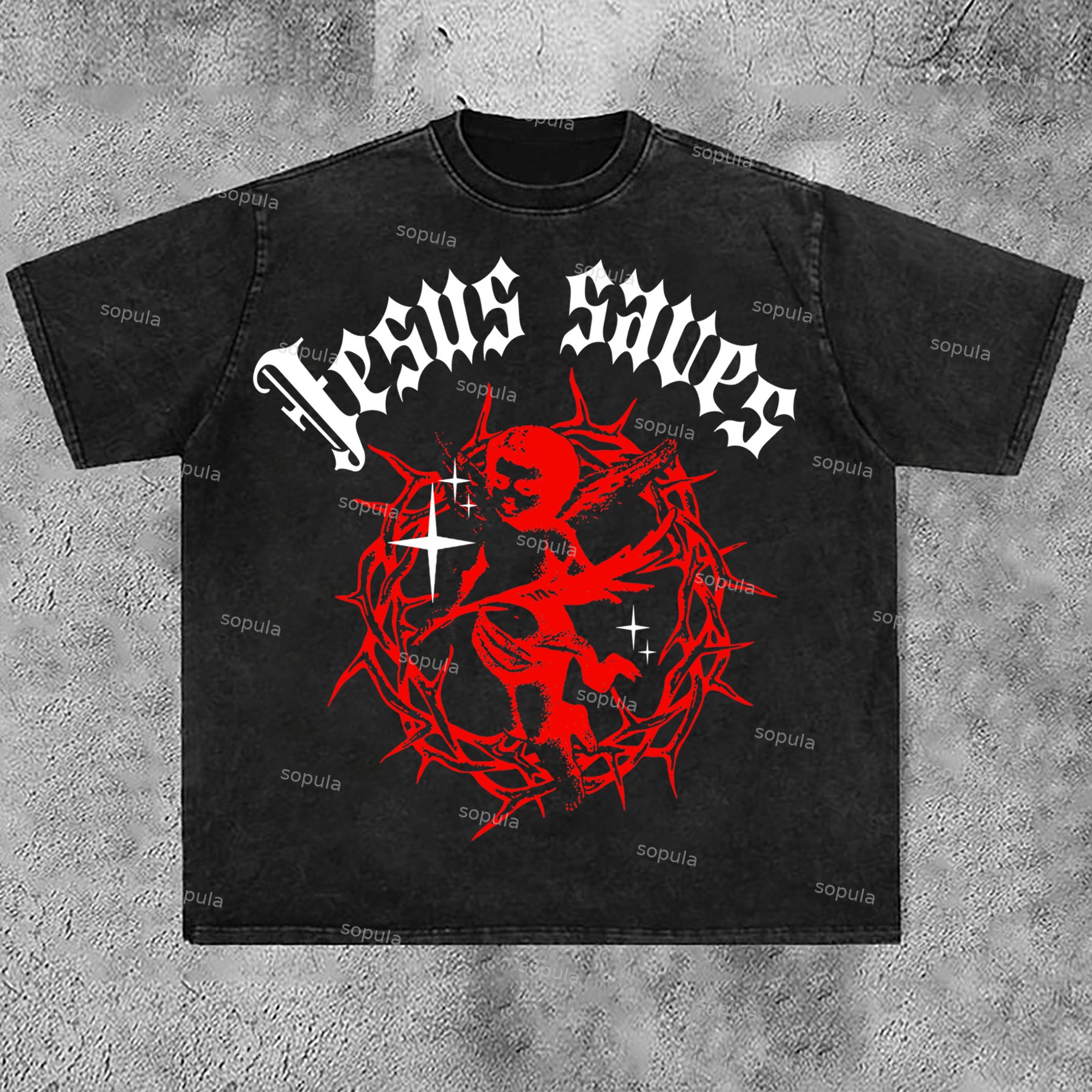 Sopula Men's Vintage Jesus Saves Print Acid Washed T-Shirt - SOPULA