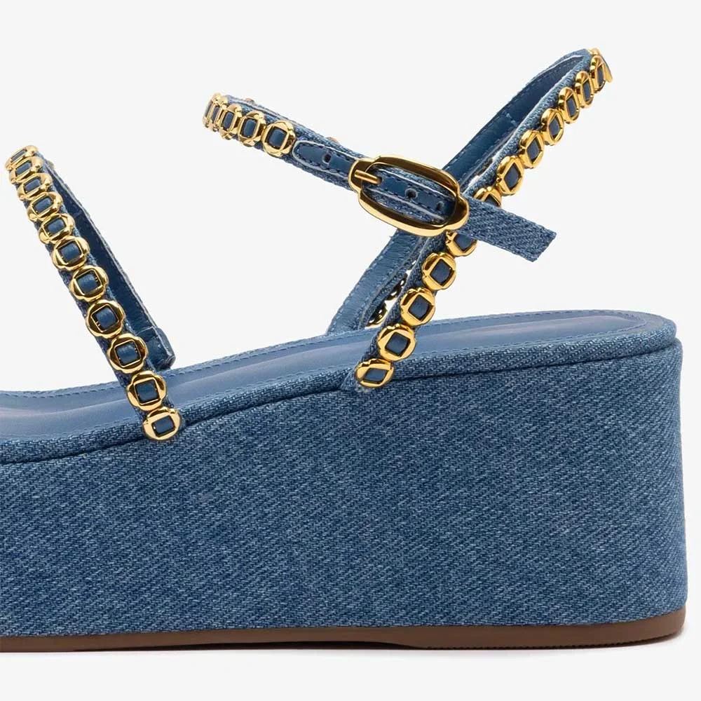 Blue Denim Open Toe Gold Hardware Wedge Sandals with Ankle Strap