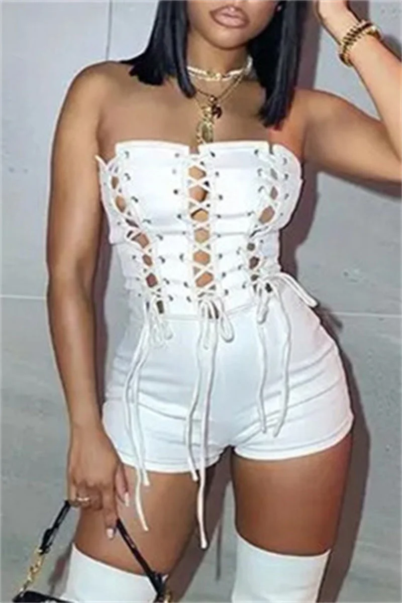 Fashion Sexy Solid Backless Strap Design Strapless Skinny Romper