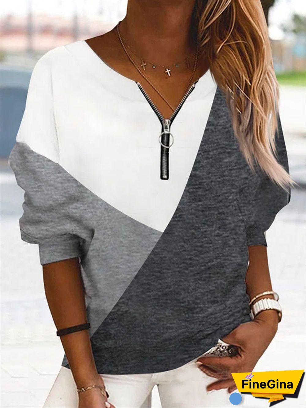 Women's Floral Long Sleeve V-Neck Colorblock Tops