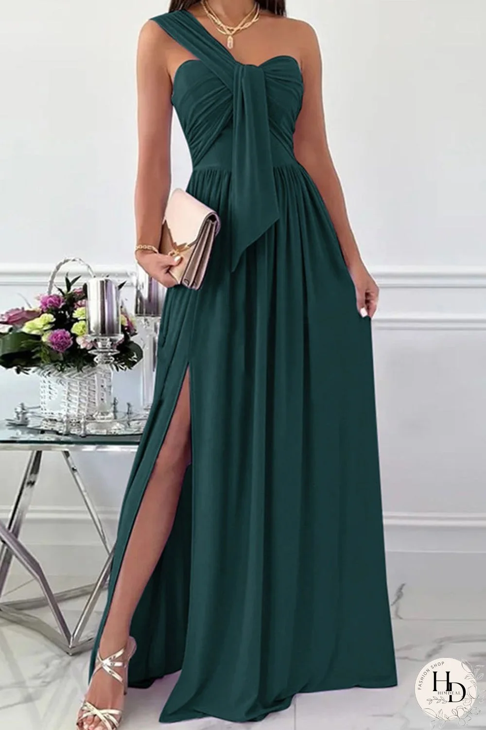 Elegant Formal Solid Asymmetrical Solid Color One Shoulder Irregular Dress(7 Colors)