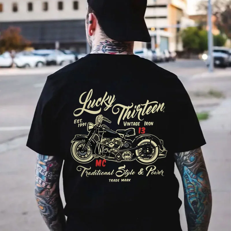 LUCKY THIRTEEN Motorcycle Black Print T-shirt