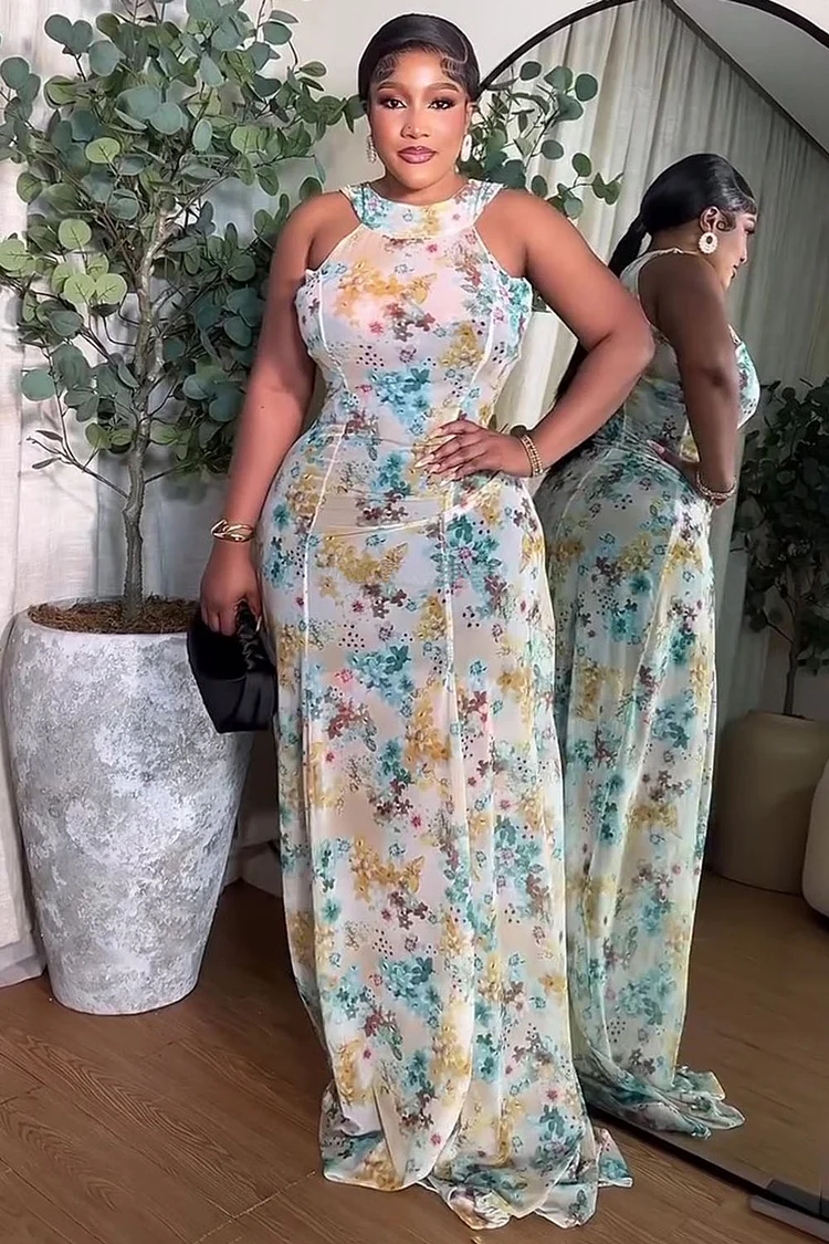 Floral Print Slim-Fit Sleeveless Vacation Maxi Dresses-White [Pre Order]