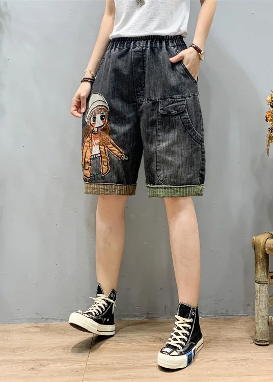 Art Black Grey Elastic Waist Cartoon Girl Denim Shorts Summer