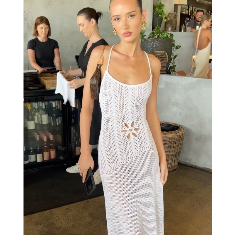 Ootddress Summer Knit Bandage Maxi Dress Female Hollow Out See-Through Printed High Waist Backless Beach Holiday Women Long Dress