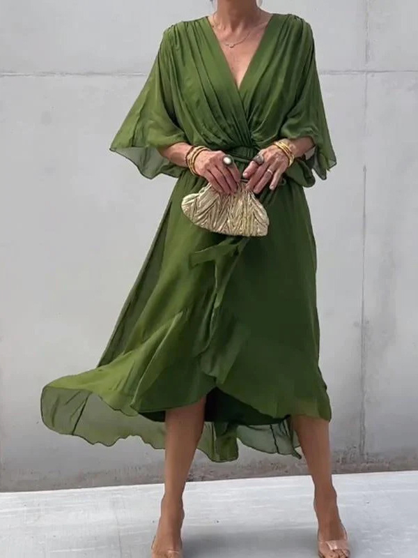 Chic Solid Color Lace-Up Batwing Sleeve Asymmetrical Maxi Dress