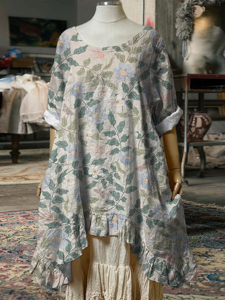 Vintage Garden Floral Pattern Printed Women's Pocket Cotton Dress