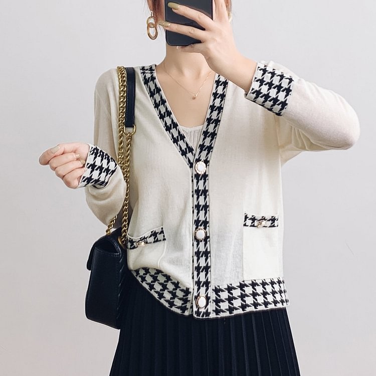Houndstooth Casual Long Sleeve Knitted Outerwear