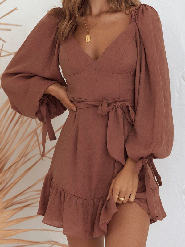 Long sleeve tie front dress in brown