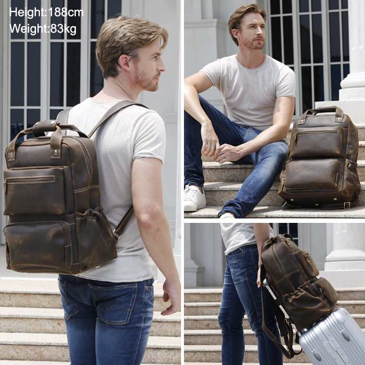 Outdoor Model Show of Woosir Men Leather Backpack with Handle