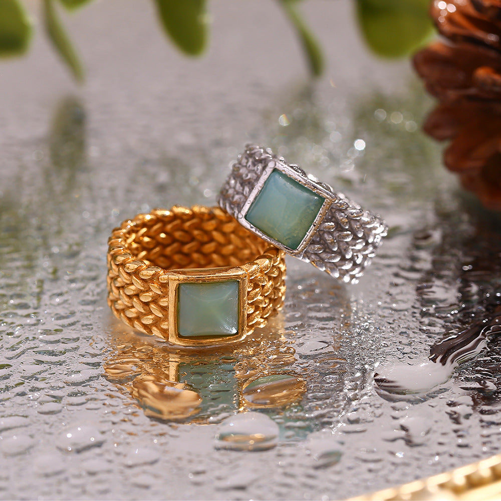 Vintage Fashion Retro Quadrilateral Circle Geometric Stainless Steel 18K Gold Plated Rings