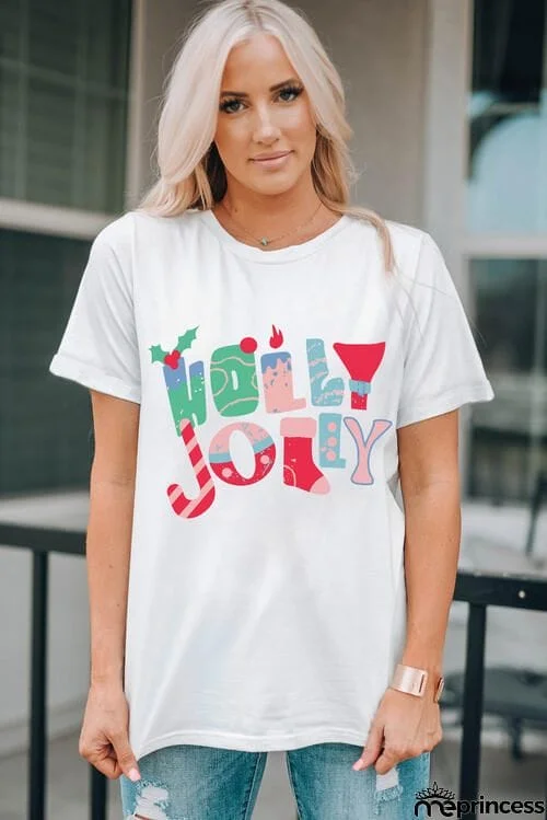 HOLLY JOLLY Round Neck Short Sleeve T-Shirt