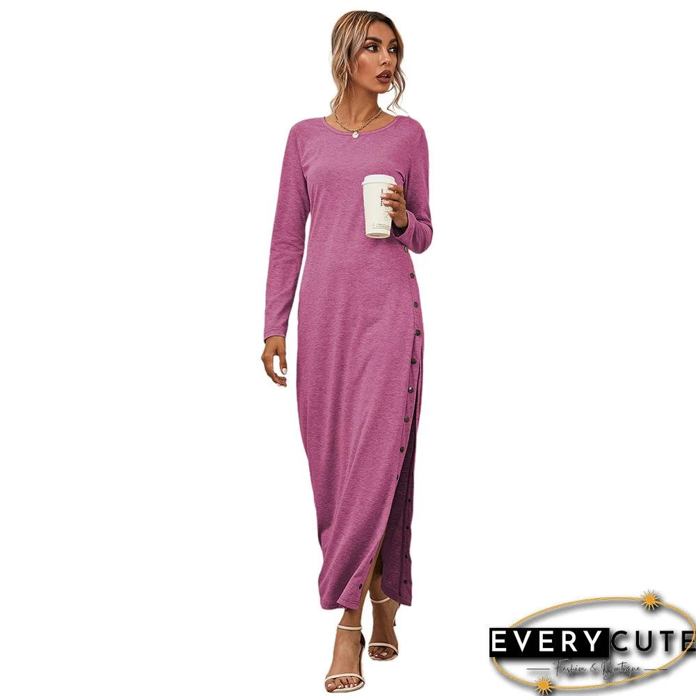 Rosy Button High Split Long Casual Dress
