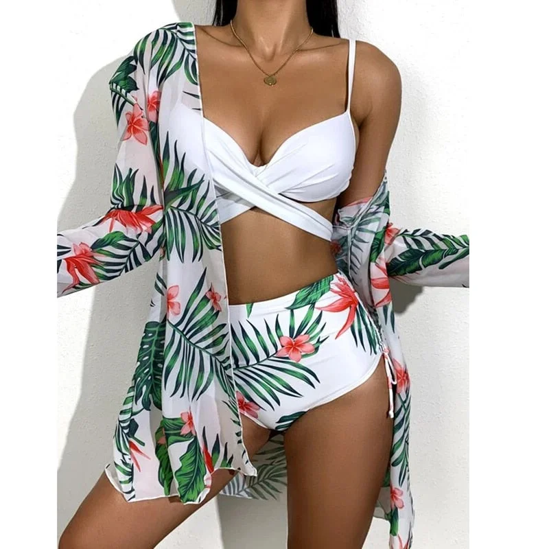 2022 Sexy Bikinis And Cover Set Women Swimsuit Printed Swimwear High Waist Summer Strappy Bathing Suit Beach Wear Biquini Female