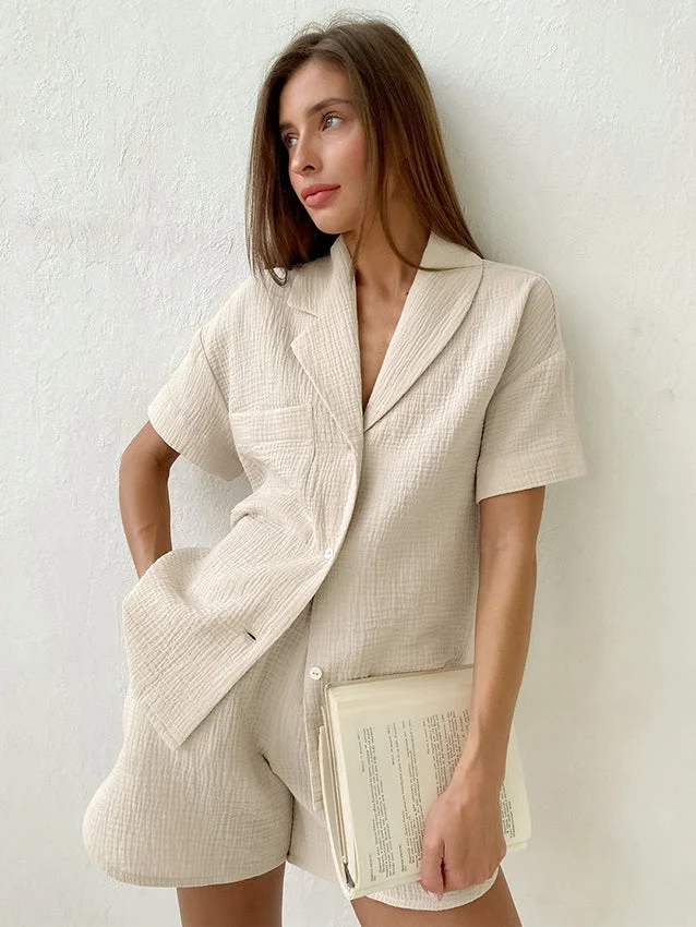 Women's Loose Short-Sleeve V-Neck Two-Piece Suit