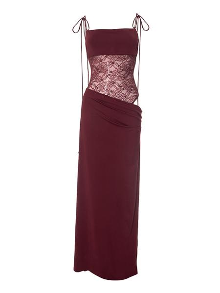Women's Patchwork Floral Lace Tie Back Cami Dress, Elegant Fashion Long Dress for Party Club Dating Wear, Women Dress for Summer