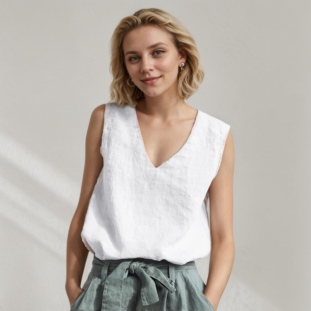 100% European Linen V-neck Tank Top REAL SILK LIFE