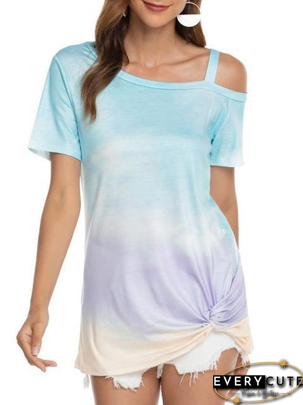 Gradient Color Cold Shoulder Twisted T-Shirt