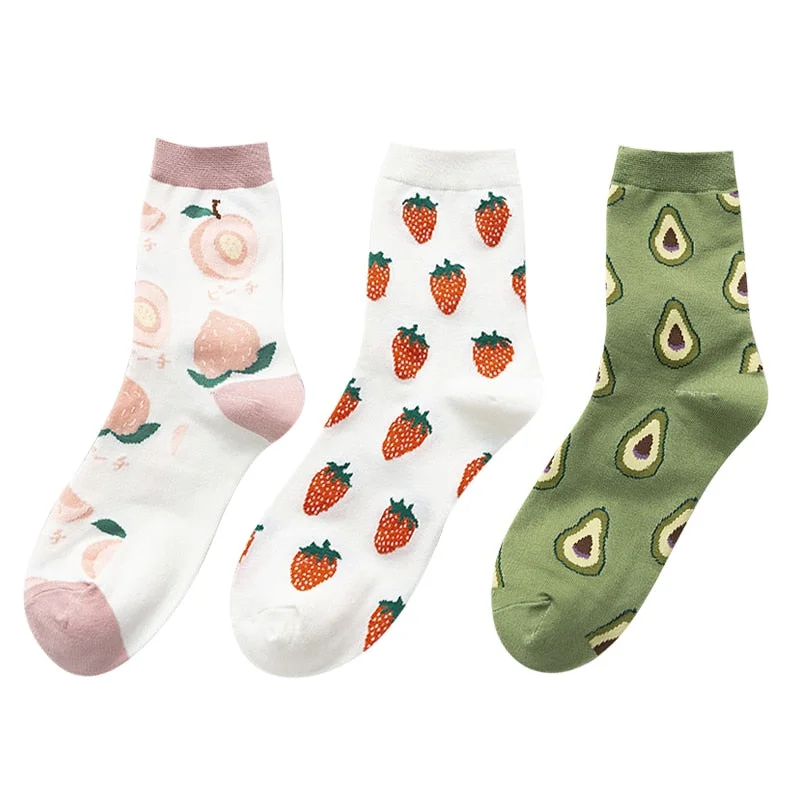3 Pairs New Cartoon Fruit Cotton Socks Women Strawberry Avocado Lemon Korean Color Harajuku Warm Long Crew Socks Novelty 2020