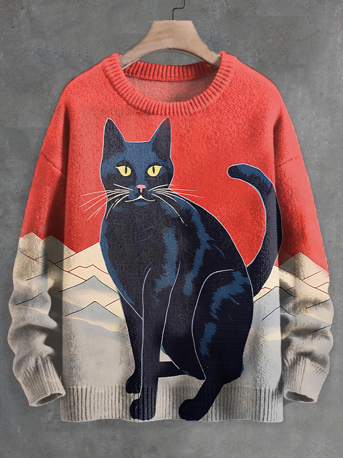 Men's Black Cat Mountains Colorblock Art Print Knit Sweatshirt