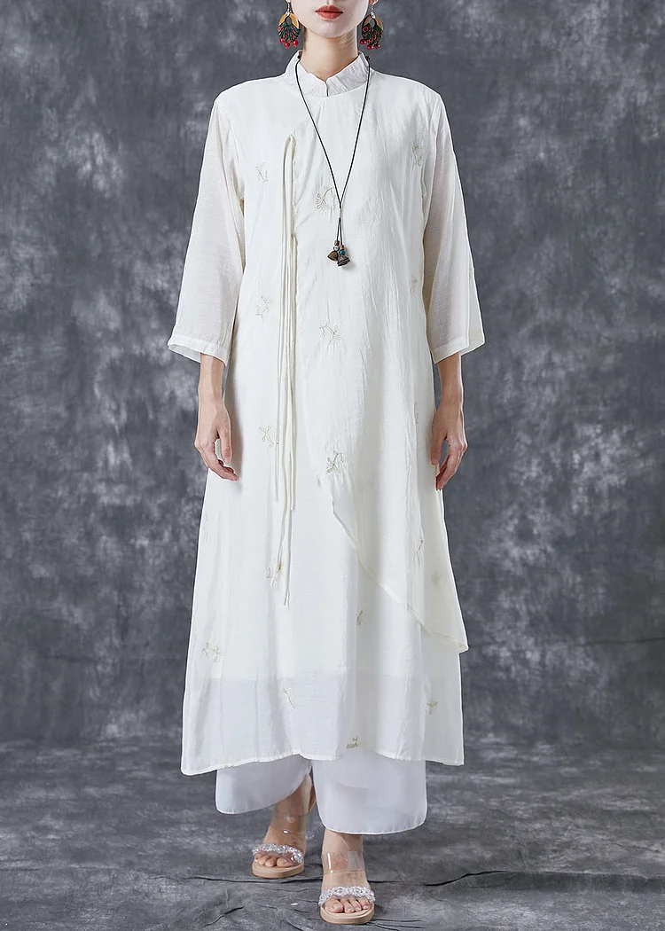 Art White Ruffled Embroideried Tassel Cotton Long Dress Summer