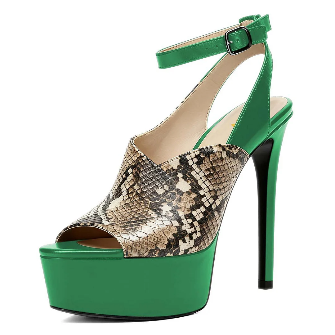 Embossed Snakeskin Pattern Platform Heeled Green Summer Sandals