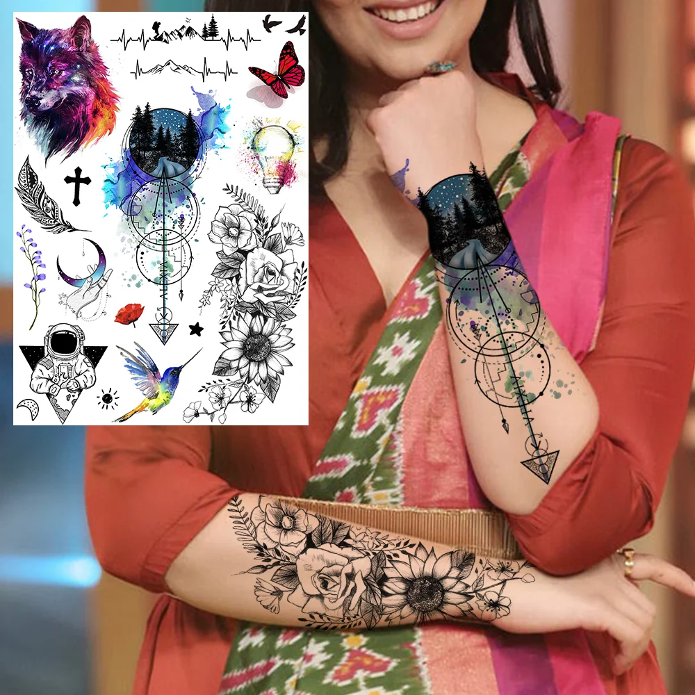 Sdrawing Sheets Watercolor Lion Tiger Wolf Temporary Tattoos For Women Men Arm Tattoo Stickers Fake Flower Skeleton Temp Tatoos Decals