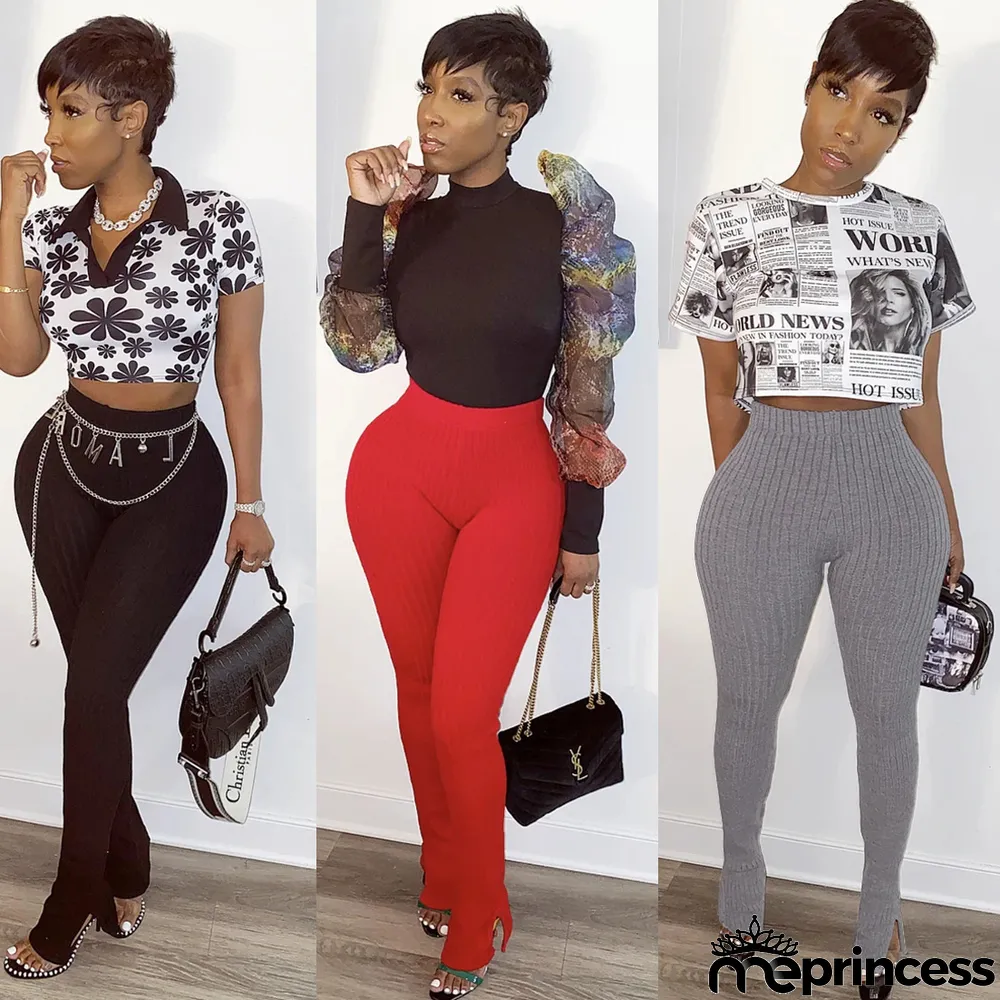 Solid Knitted Split Skinny Long Pants