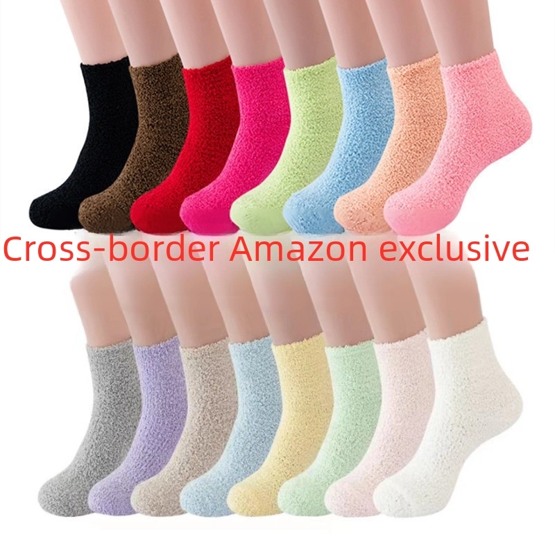 Women Slippers Socks Fluffy Plush Home Sleeping Socks Coral Fleece Socks Candy Color Mid-tube Socks