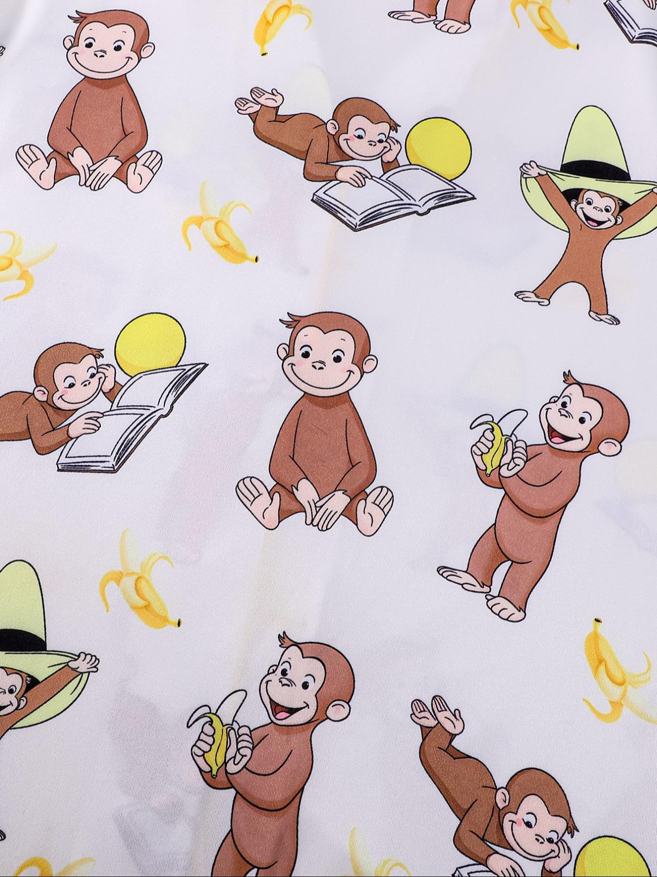 Women's Monkey Banana Print Pajama Set Pyjamas Pjs, Comfortable Fit Long Sleeve Button Shirt & Elastic Pants, Casual Everyday Home Wear Loungewear for All Seasons