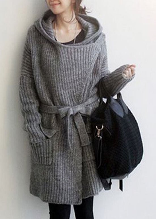 Natural Grey Hooded Pockets Knit Sweater Long Coat Winter CK2669- Fabulory