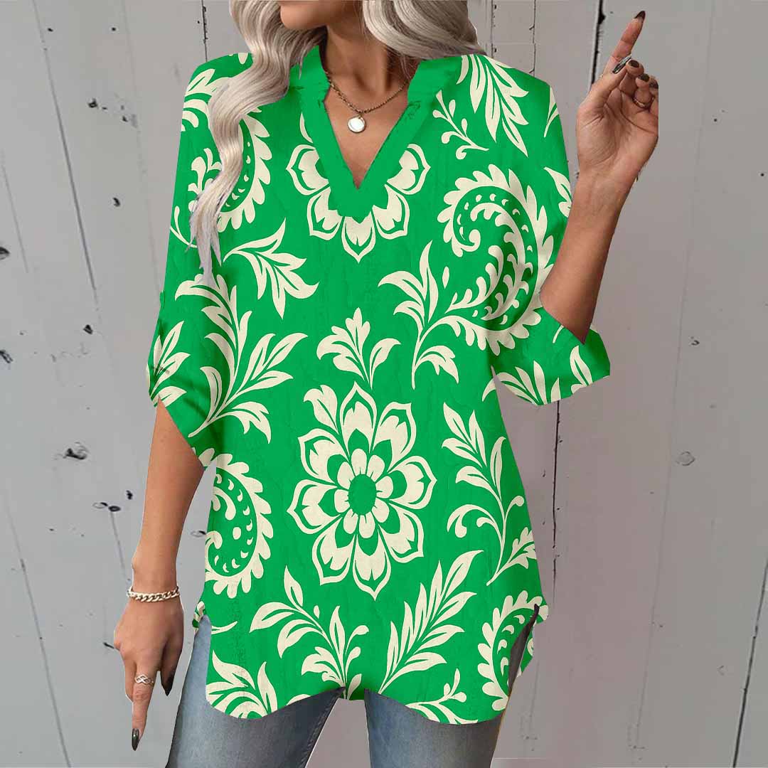 Women Floral, Green DZGA0162 3/4 Sleeve V-neck Printed Graphic Button Tops