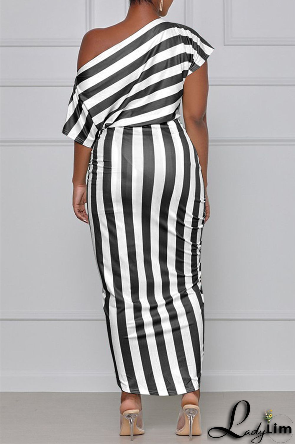 Black Fashion Casual Striped Print Asymmetrical Oblique Collar Short Sleeve Dress