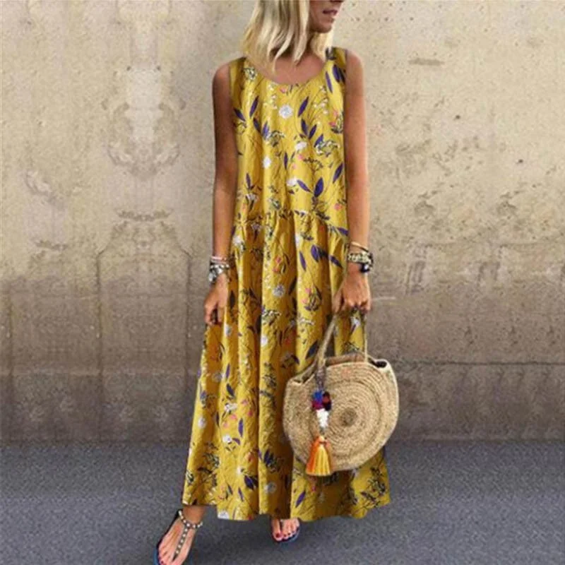 ELSVIOS Plus Size Women Floral Print Sleeveless Button Maxi Dress Elegant Bohemian Summer Long Dress Ladies O-Neck Vintage dress
