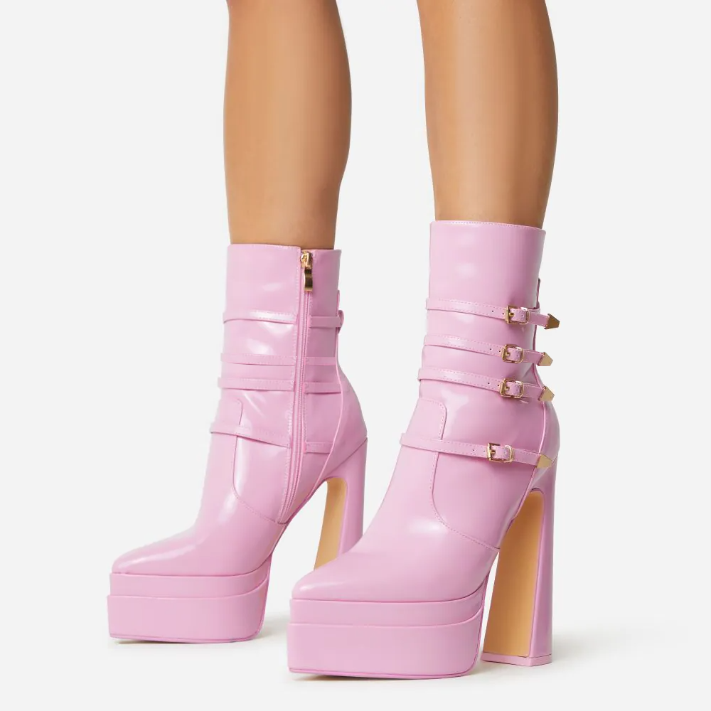 Stylish Pointed Toe Multi Buckle Flared Heel Platform Boots in Pink Nicepairs
