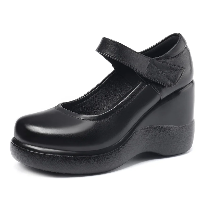 Breakj Breakj And Autumn Women's Shoes Thick Bottom Slope And Shallow Single Shoes High Heels Ladies Leather Shoes Magic Stick Round Head Loose Cake Middle-Naught Mother Shoes