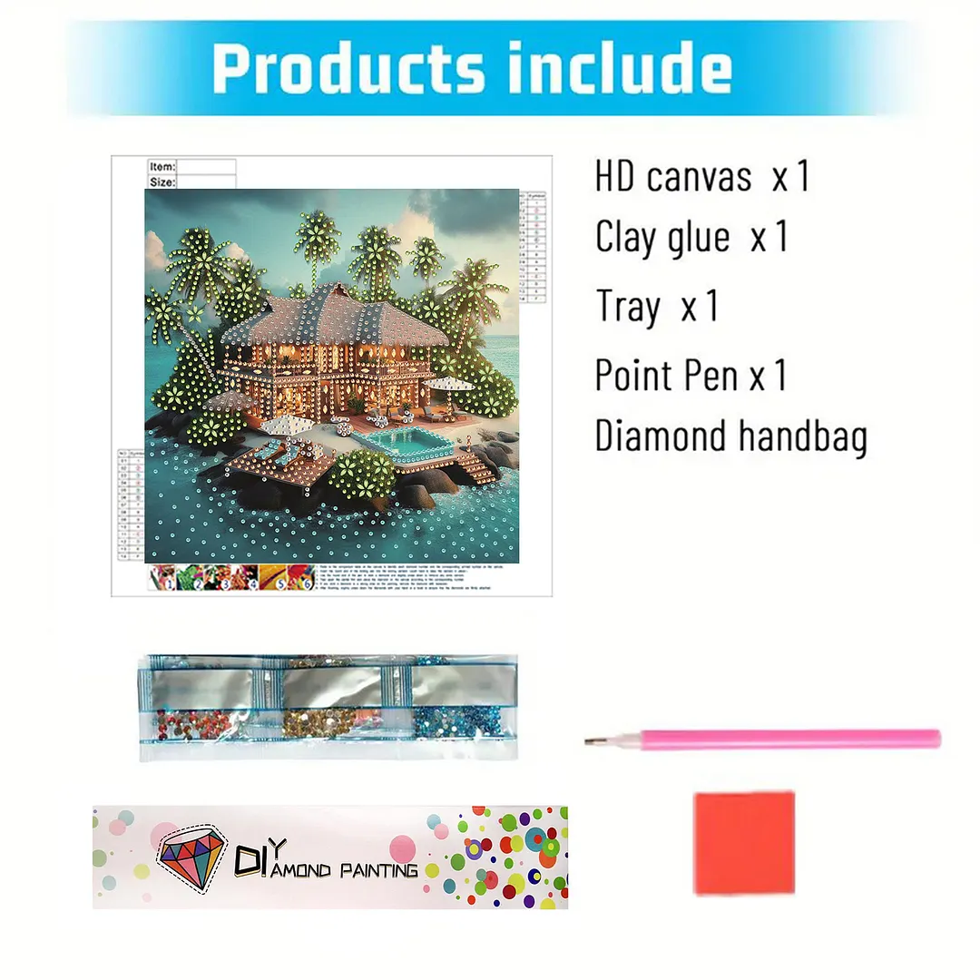 Tropical Beach Villa Special Shaped DIY Partial Drill Diamond Painting Kits for Adults Beginners Home Decor Diamonds Paintings Gem Art 30x30cm