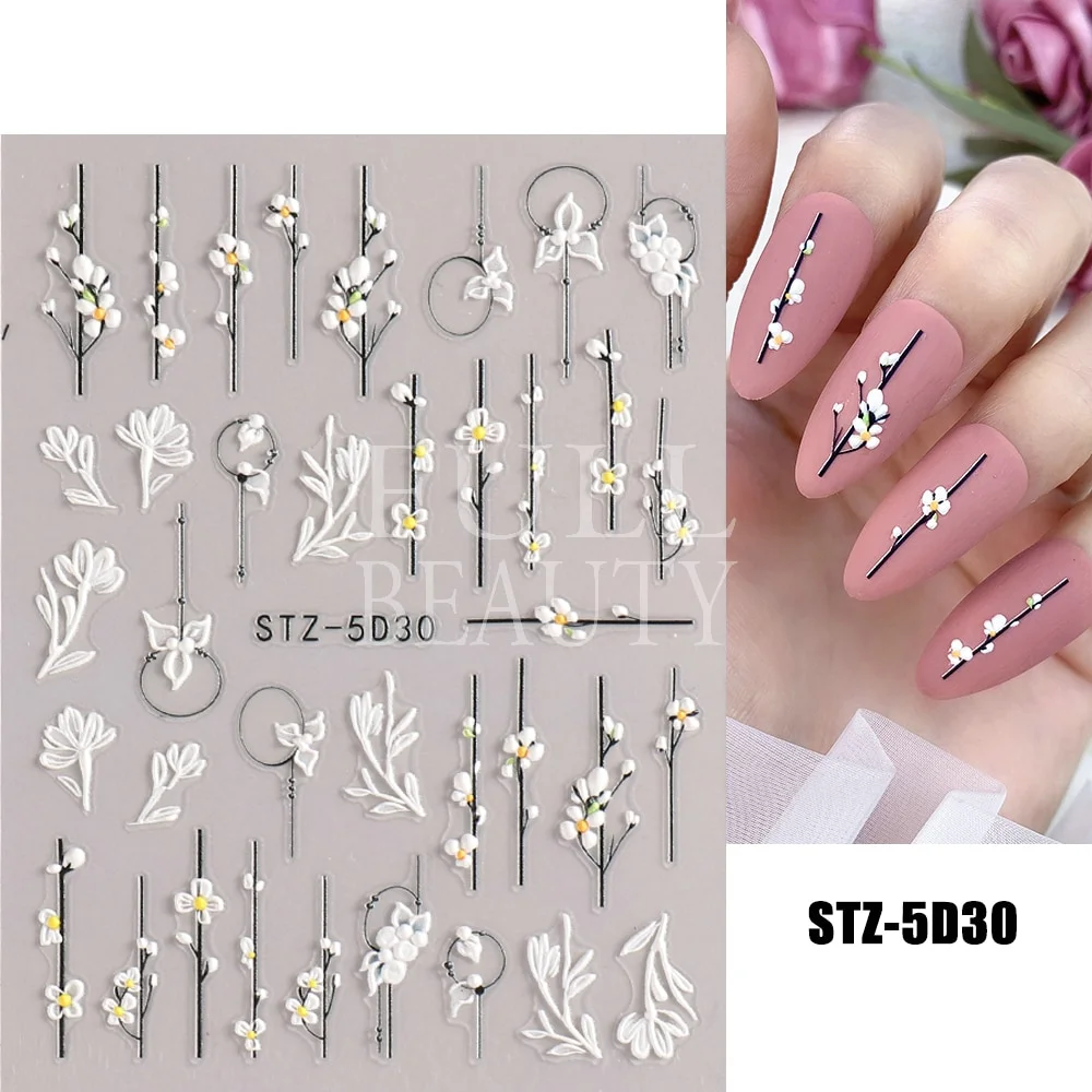 Churchf Nail Stickers Flowers Geometric Lines Decor Acrylic Embossed Sliders Gold Frame Nail Decals Cherry Blossom Manicure GLJI-5D05-Nail Inspo