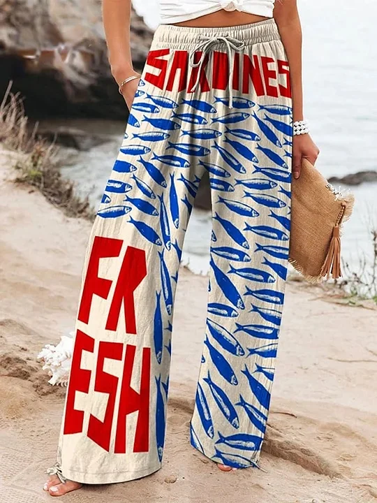 Women's Vintage Fish Sardines Art Print Cotton And Linen Casual Pants