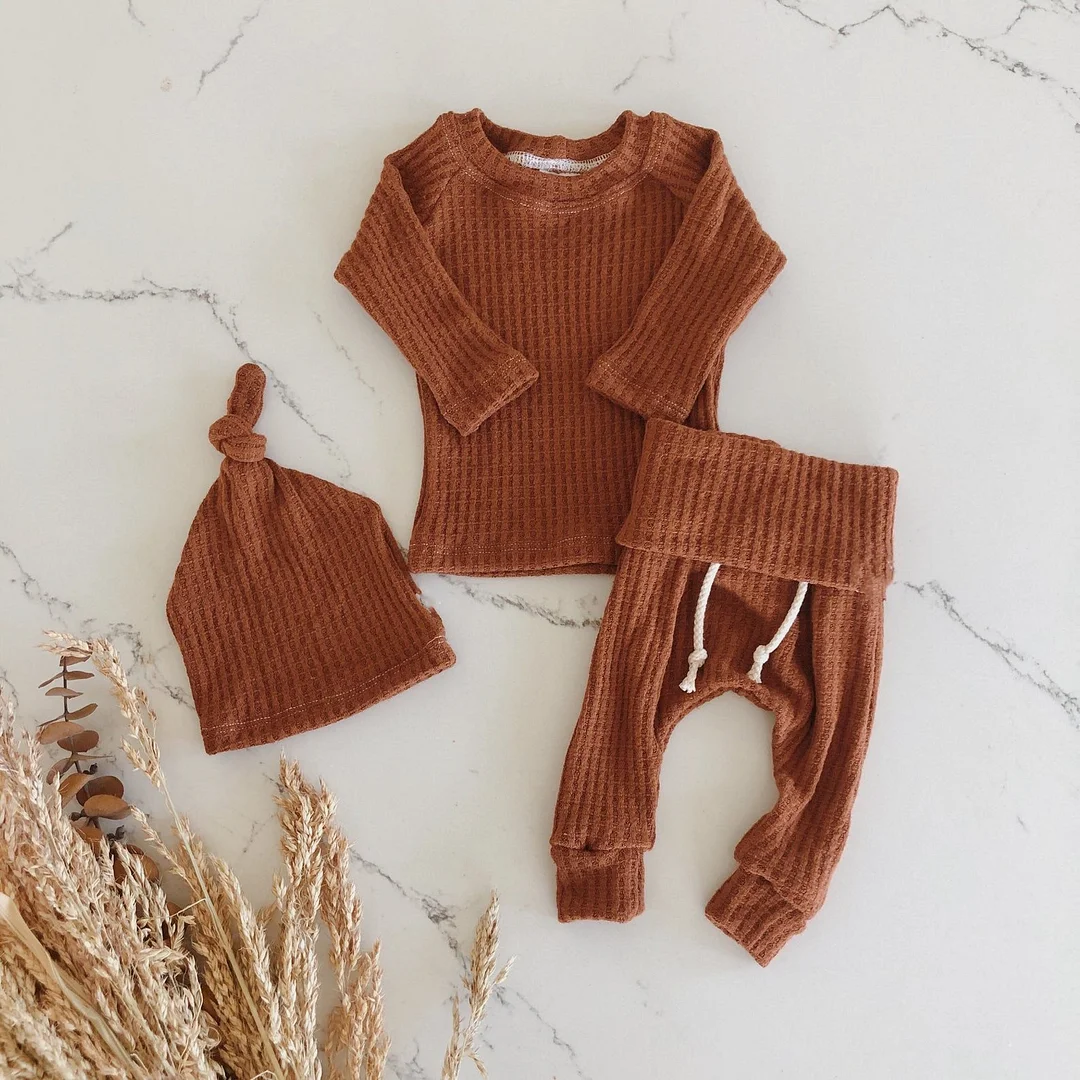 3pcs Infant Newborn Baby Cute Clothes Sets Girls Boys Autumn Warm Harem Pants Waffle Ribbed Solid Unisex Bodysuits+elastic Pants 1103