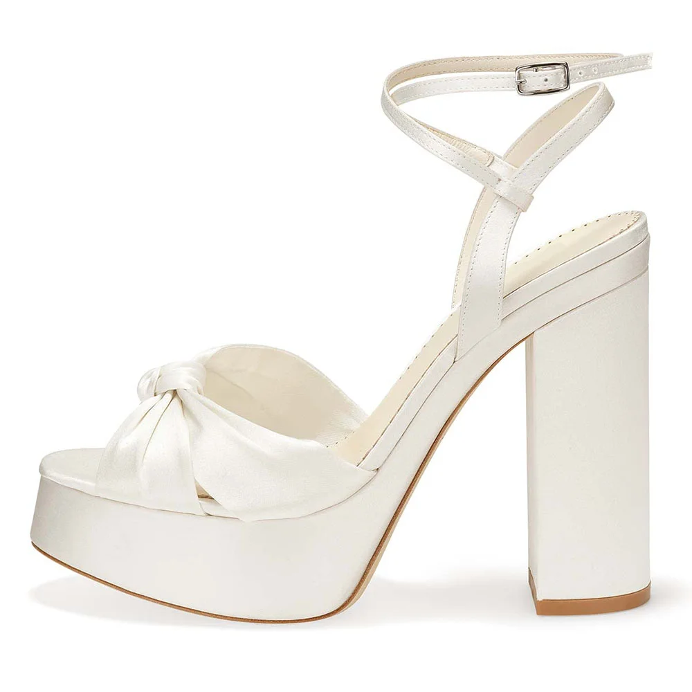 Ivory Satin Wedding Shoes Ankle Strap Block Heel Platform Sandals Nicepairs
