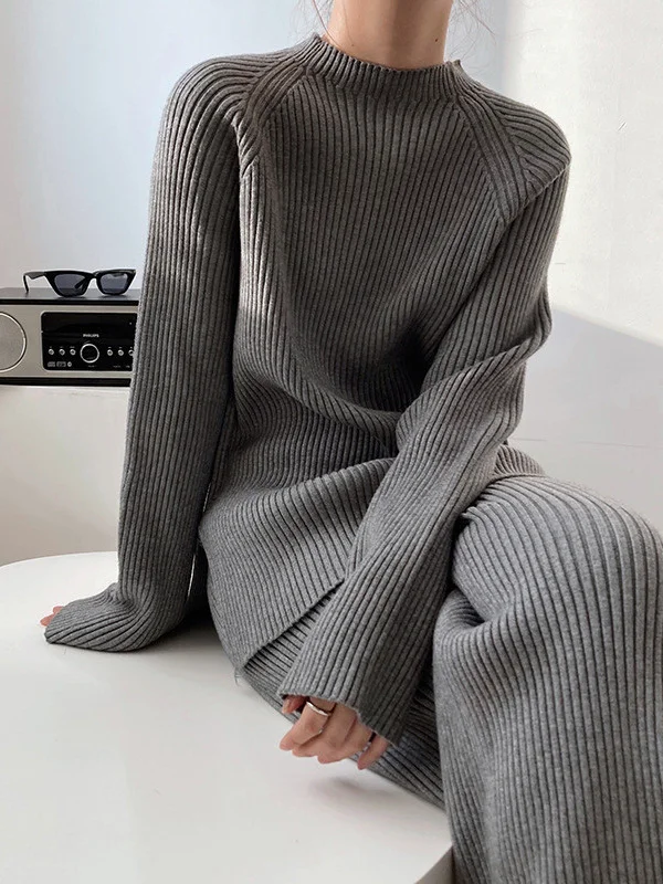 Urban Loose Solid Round-Neck Split-Side Sweater& Wide Leg Pants Suits