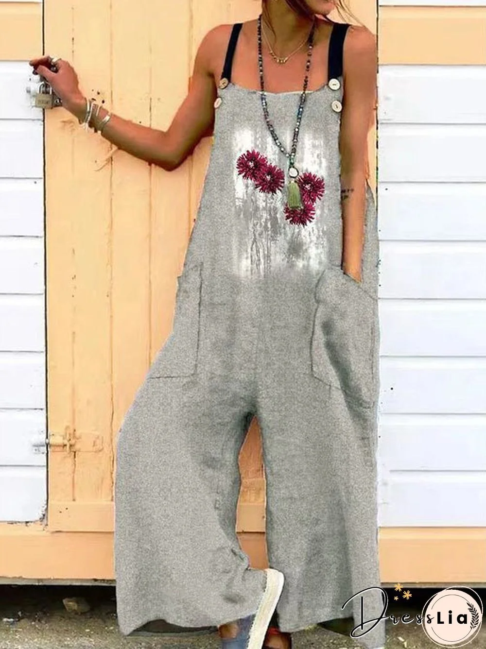 Women'S Jumpsuits Loose Print Pocket Sleeveless Jumpsuit