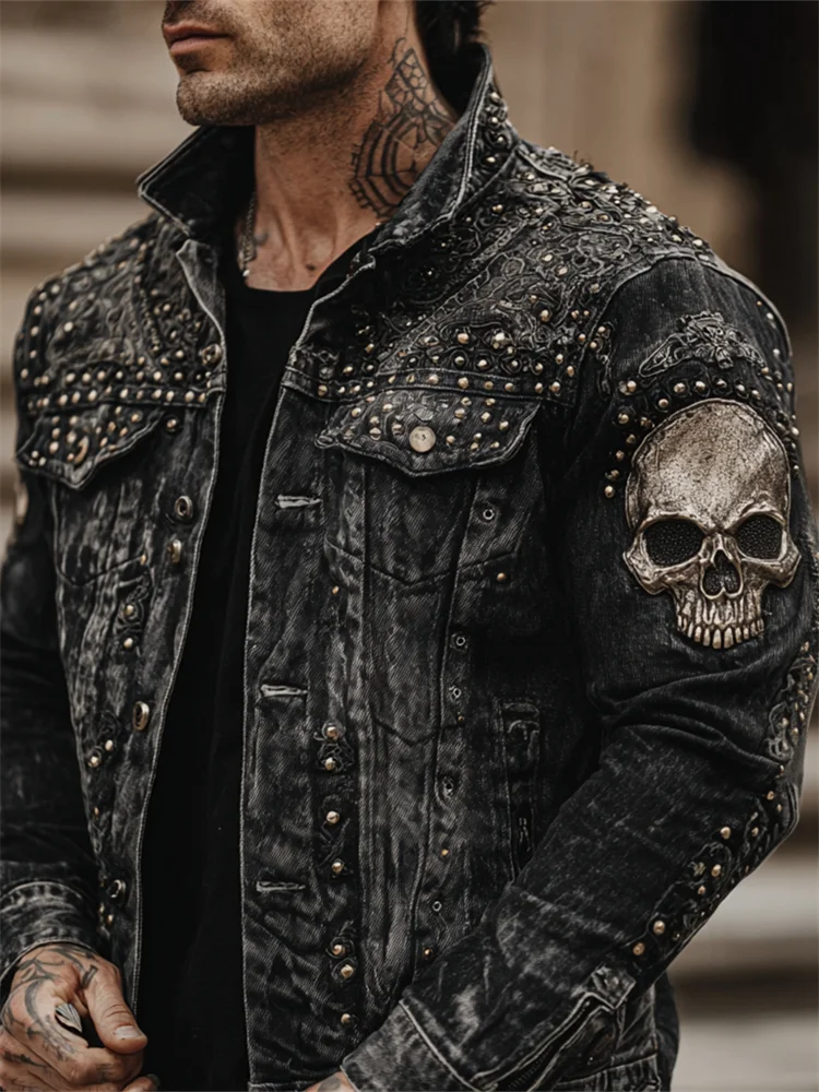 Men's Rock Skull Studded Washed Denim Jacket