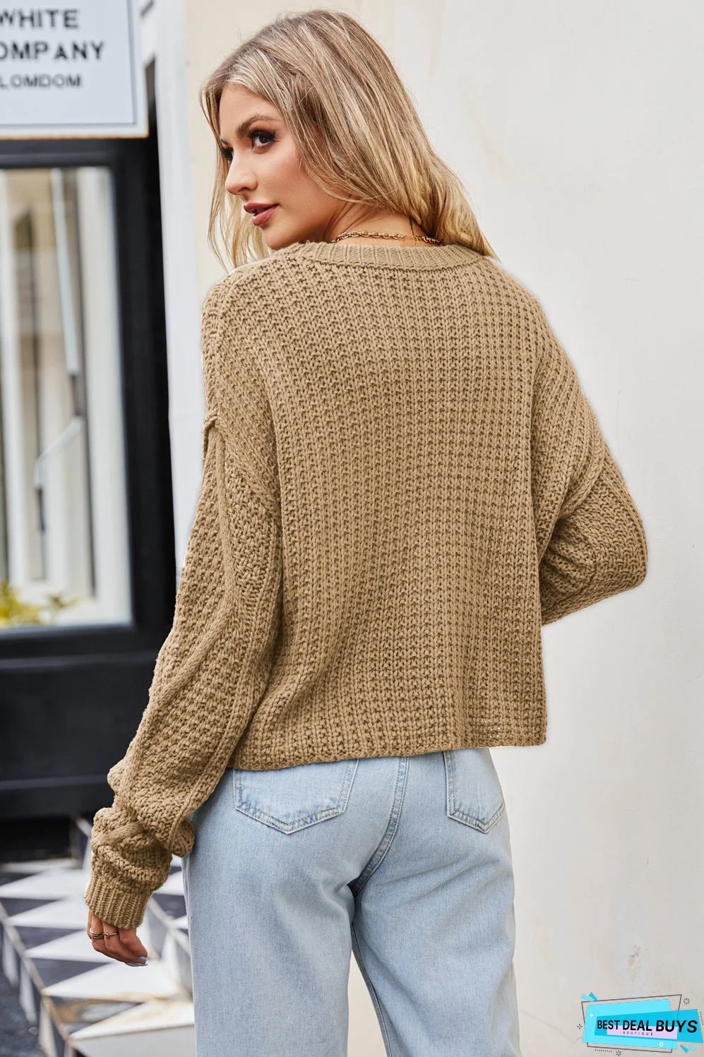 Cable-Knit Round Neck Dropped Shoulder Sweater