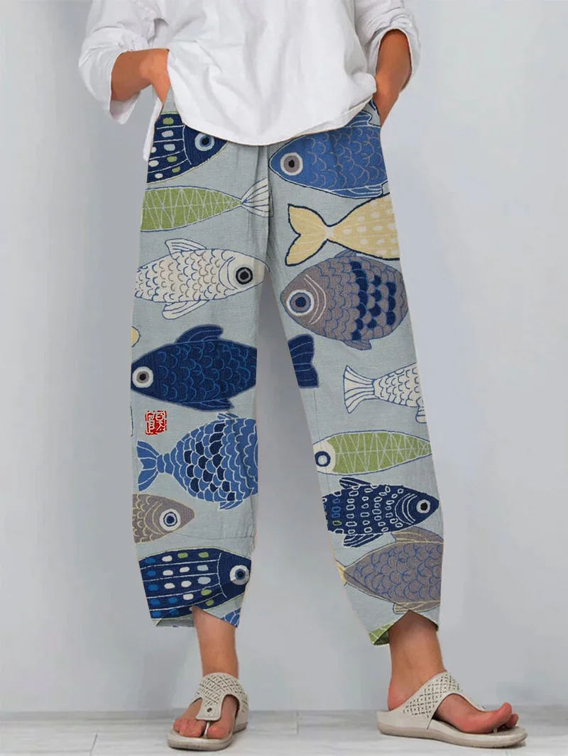 Japanese Fish Print Loose Casual Pants