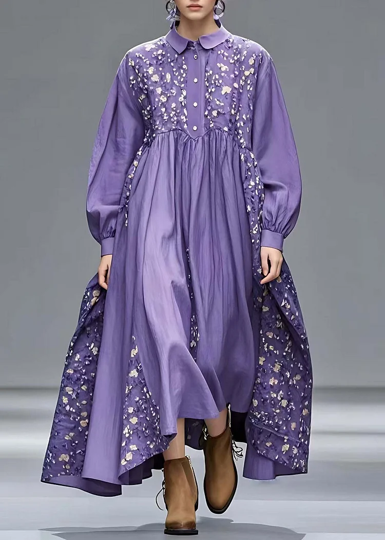 French Purple Peter Pan Collar Patchwork Long Dresses Long Sleeve Spring