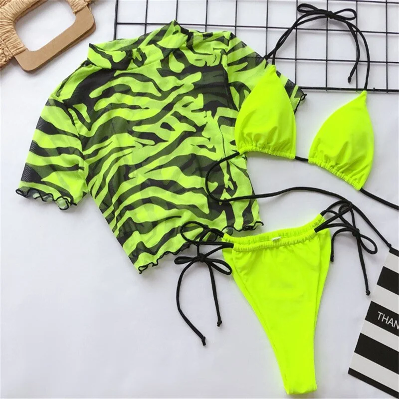 GNIM HL Thong Bikini Mujer 2019 Three Pieces Leopard Print Sexy Women Swimwear Ruffle Mesh Bikini Brazilian Beachwear Swimsuit