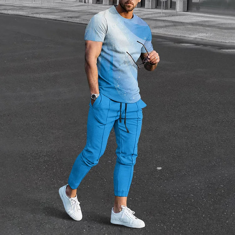 Men's Casual Gradient Line Print T-Shirt And Pants Co-Ord